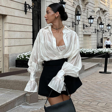 Top a camicia da donna, maniche a lanterna, modello ampio, stile dolce e fresco