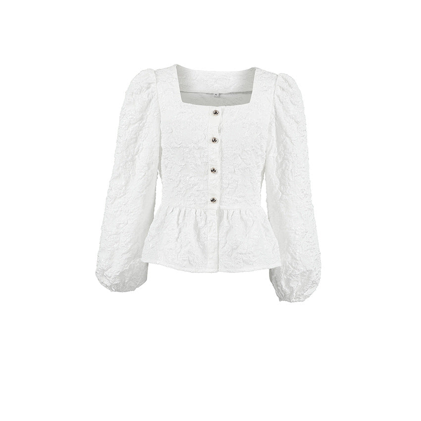 Blusa jacquard da donna con collo quadrato in stile francese