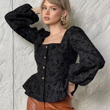 Blusa jacquard da donna con collo quadrato in stile francese